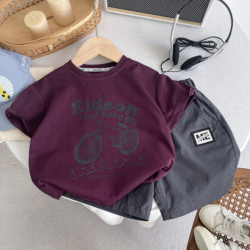 男童夏装套装2026新款儿童复古自行车短袖T恤痞帅工装短裤两件套