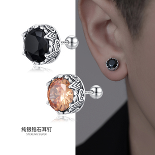 高級(jí)復(fù)古黑色鋯石耳環(huán)個(gè)性 S925純銀耳釘男士 百搭潮流耳骨痞帥耳飾