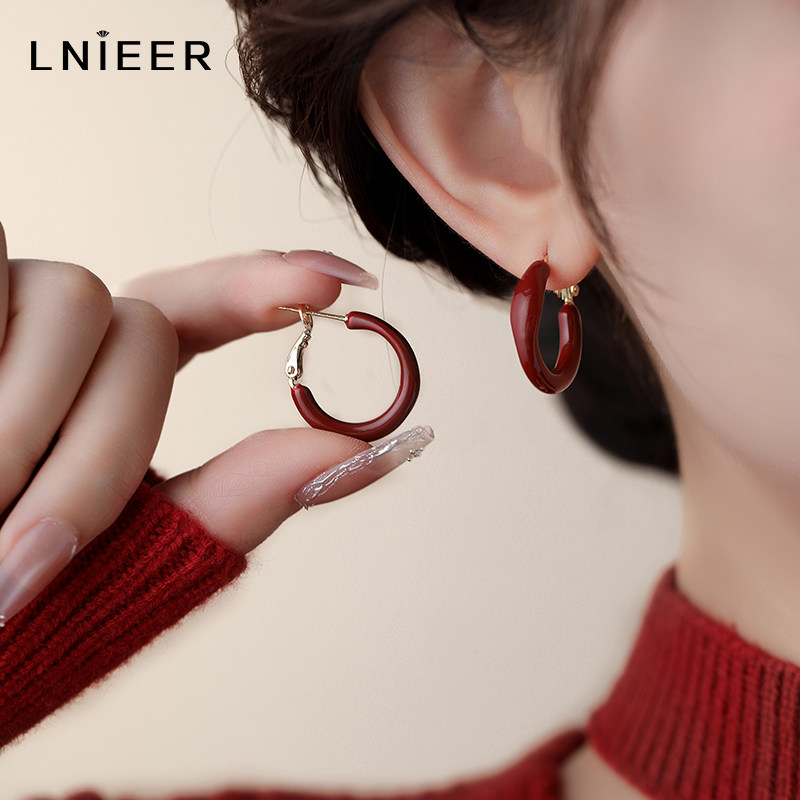 999纯银针安可拉红耳圈耳环高级感秋冬本命年女素圈新年耳饰耳钉