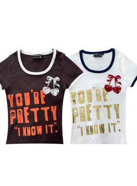 WipeOutCliches闪粉印花绑带春夏女短袖T恤美式复古ins风涩谷千禧