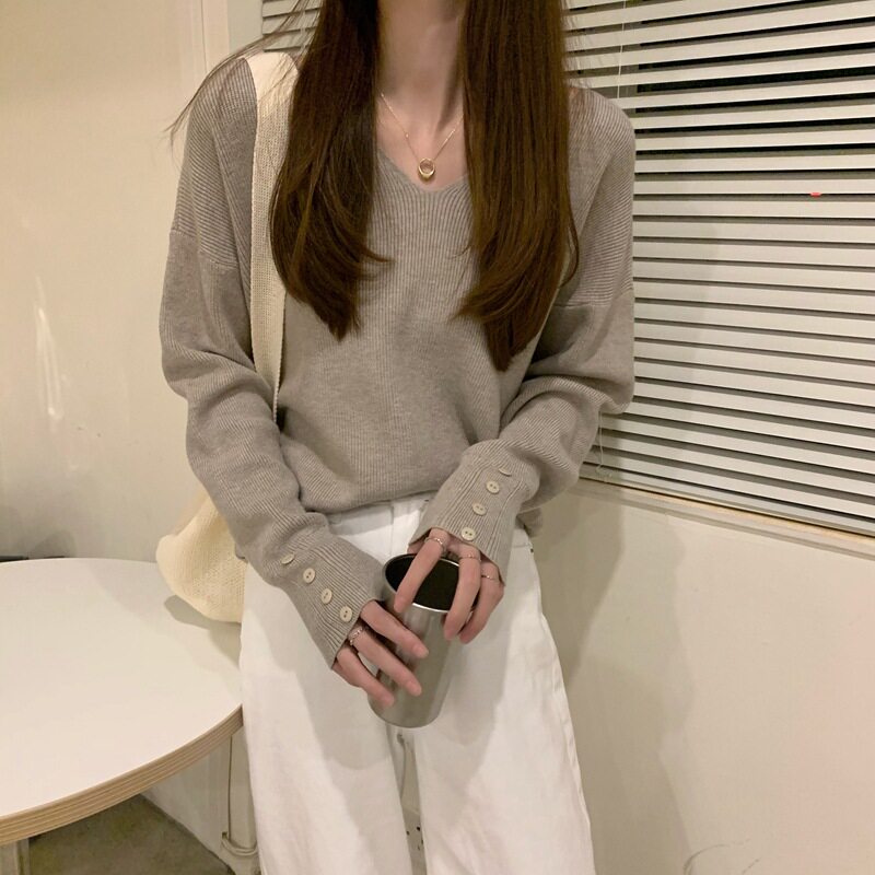 一件代发慵懒风V领螺纹针
