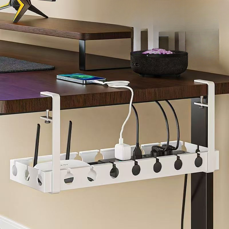 桌下理线器收纳架插座插排电线放置架办公室桌下免打孔电脑集线盒