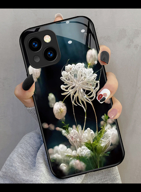 白色彼岸花适用苹果16手机壳新款note12Redmi玻璃vivox90唯美女荣耀80欧美oppok10硅胶mate40个性小米13防摔