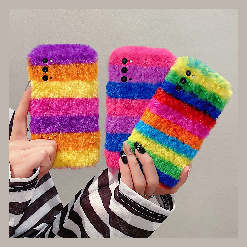手机壳秋冬毛绒ins风拼色撞色彩色条纹线条