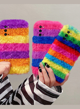 ins风秋冬撞色条纹适用三星a53手机壳f52毛绒a8s拼色a71彩色a51线条a70s冬季a90a80a60毛茸茸a50s女a30a20a31