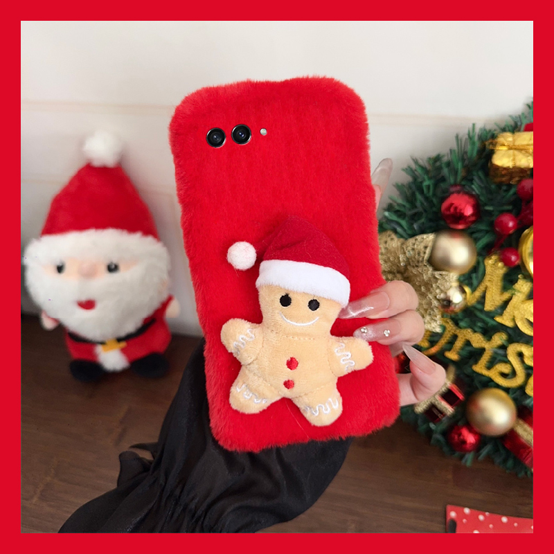 手机壳秋冬毛绒红色卡通圣诞帽子姜饼人