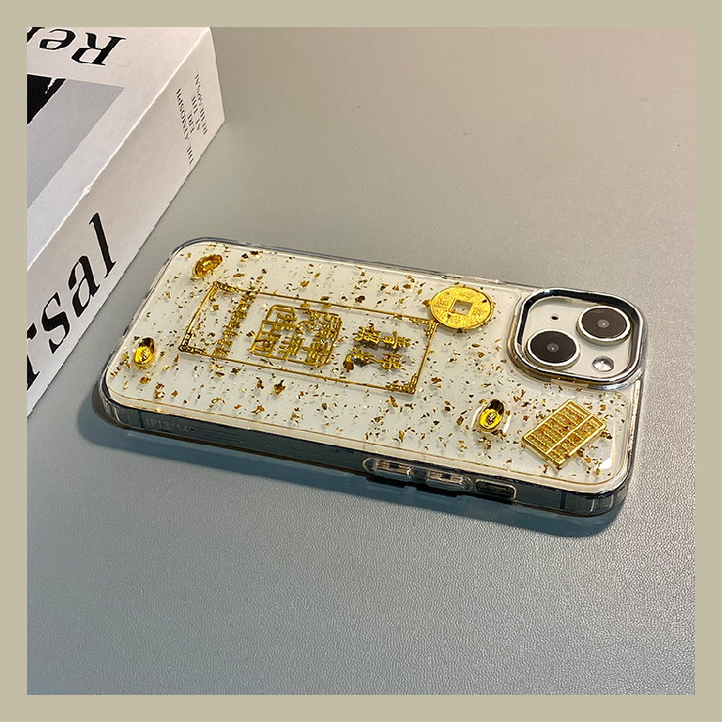 手机壳滴胶金箔金色立体铜钱元宝佛光普照