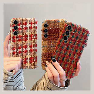 秋冬撞色条纹绒布适用三星s25edge手机壳s24plus红色s23ultra毛绒s22 note20暖手s10e十galaxy 线条s21fe冬季