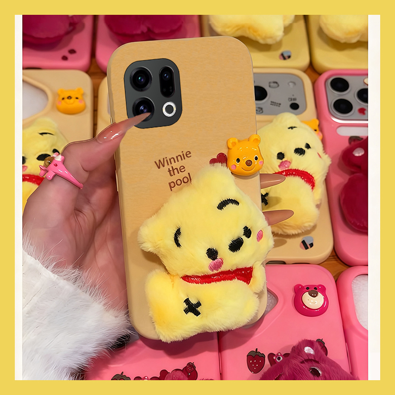 手机壳仿皮卡通秋冬毛绒维尼熊草莓熊支架