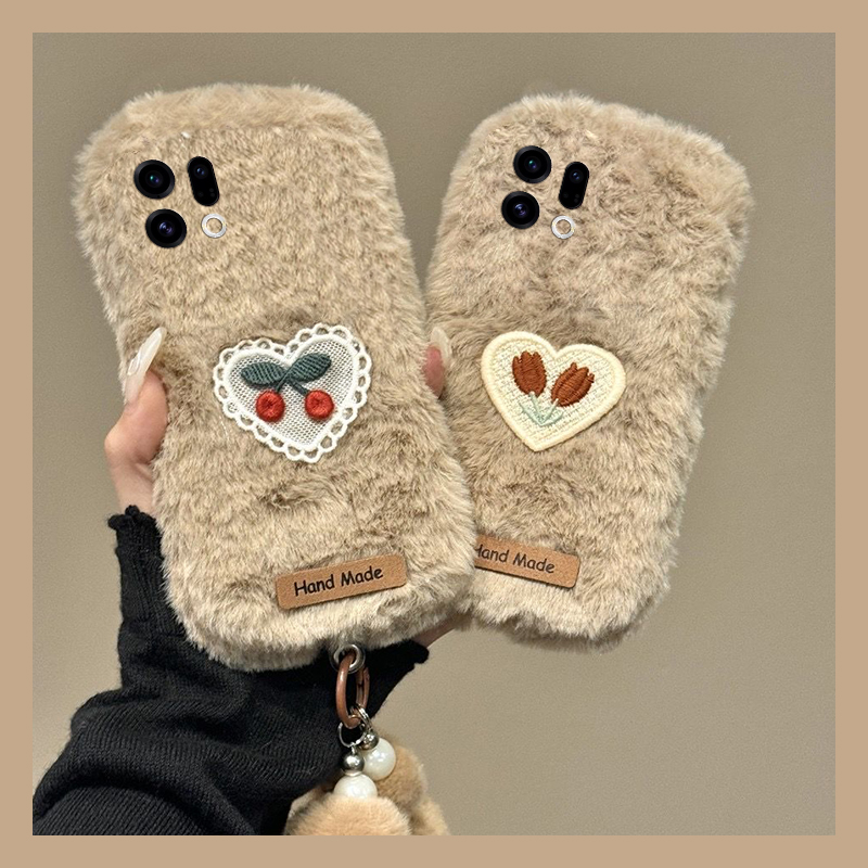 手机壳秋冬毛绒刺绣爱心樱桃郁金香花朵手链