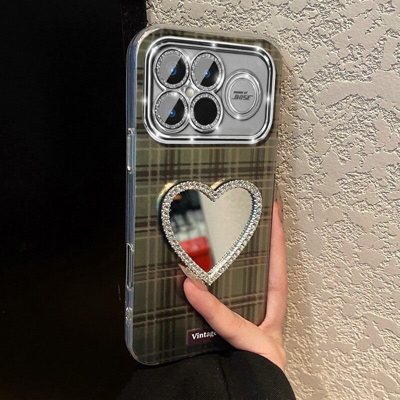 ins风爱心镜子格纹适用小米红米k90promax手机壳k80pro+立体k70e镜面k60至尊版水钻k50钻石k40s冰川纹十redmi