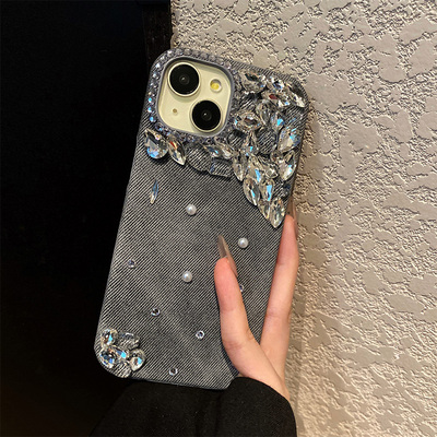 手机壳绒布黑色牛仔纹ins风立体