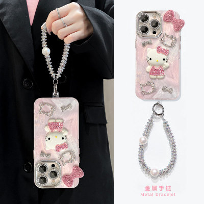 适用苹果16手机壳小米15华为pura70卡通mate60pro立体nova13水钻vivos20蝴蝶结x200可爱KT猫opporeno13带手链