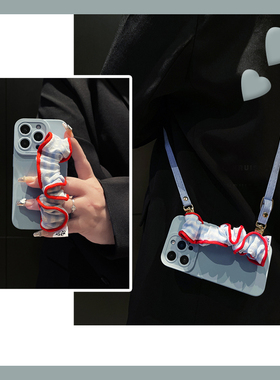 适用苹果16e手机壳iPhone15promax可斜挎14简约13蓝色11腕带12手腕8plus立体7p背带6s斜跨xsmax八8七x可背软p