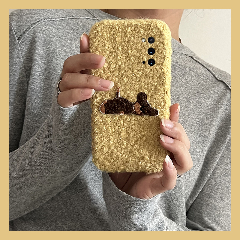 手机壳秋冬毛绒卷毛可爱卡通刺绣趴趴小狗
