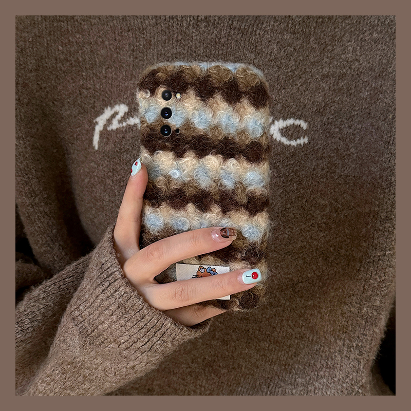手机壳秋冬毛绒绒布蓝棕纹条纹卡通KT猫贴纸