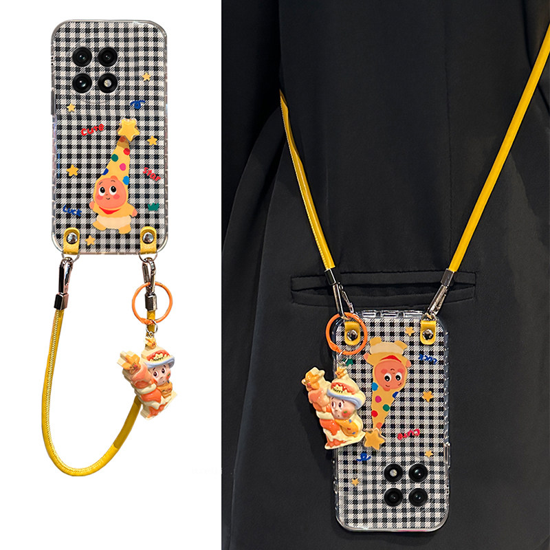 手机壳硅胶拼色格子卡通立体星星人带手提绳