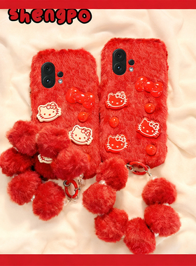 红色kt猫适用vivos30promini手机壳s20秋冬s19毛绒s15带s18e挂链s17s12s10卡通s16pro立体vivo凯蒂猫vovo冬天