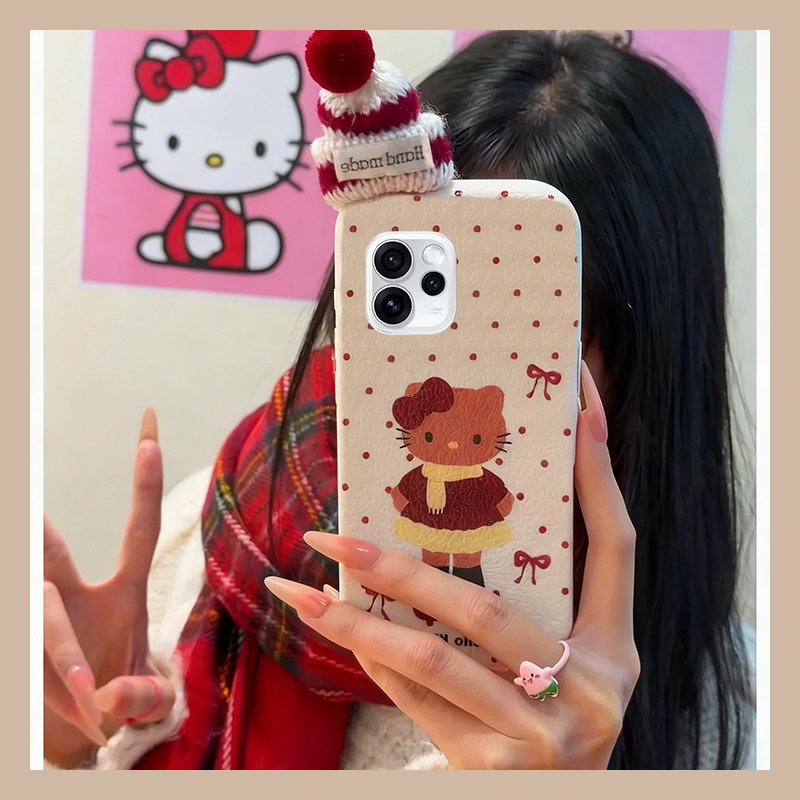 手机壳仿皮皮纹立体卡通秋冬圣诞帽子KT猫