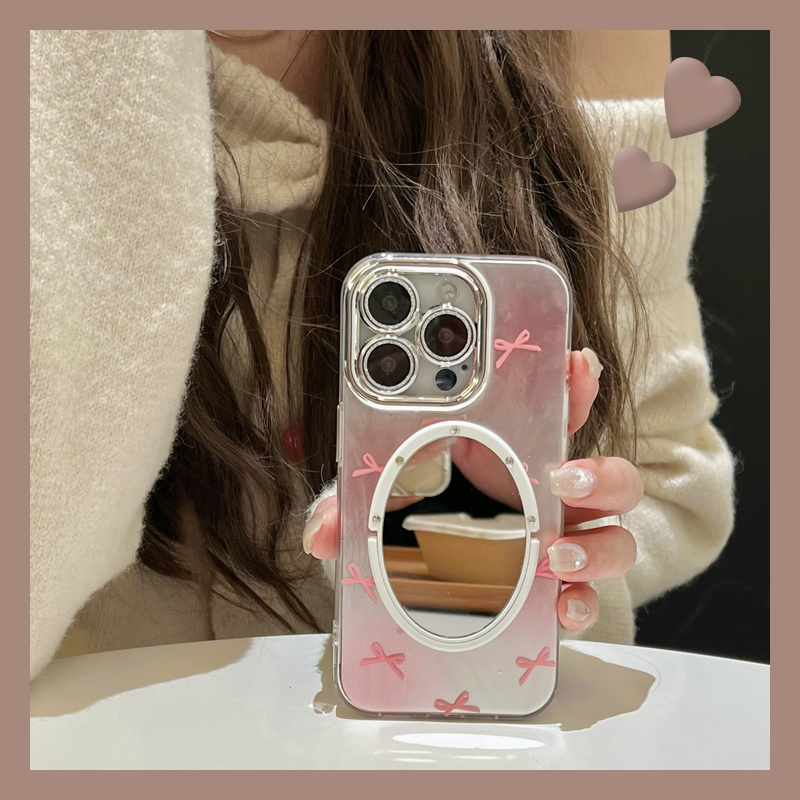 手机壳羽纱韩系水墨晕染蝴蝶结立体椭圆镜子