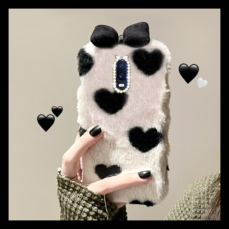 手机壳秋冬毛绒ins风黑白爱心带立体蝴蝶结