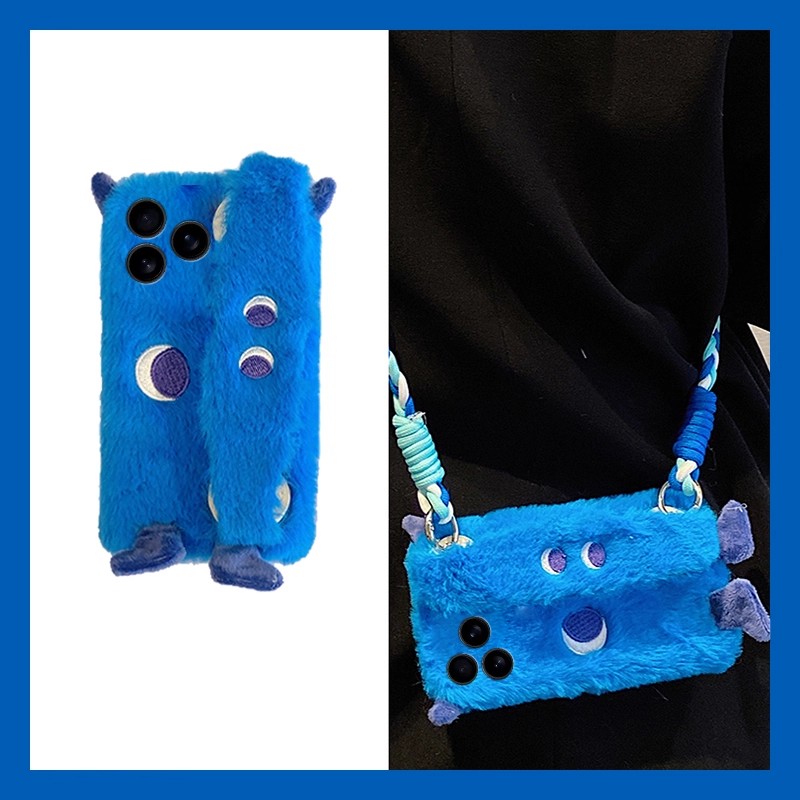 手机壳秋冬毛绒卡通小怪兽带腕手腕斜跨挂绳