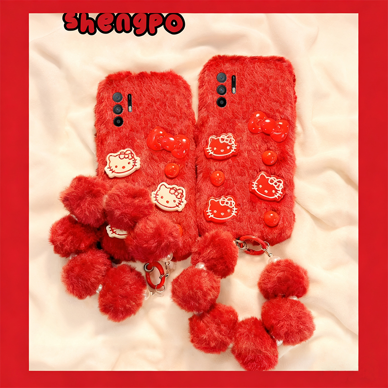 手机壳秋冬毛绒红色立体卡通KT猫凯蒂猫手链
