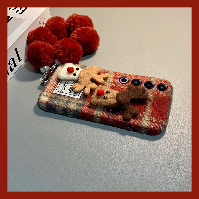 手机壳秋冬绒布红色格子卡通圣诞麋鹿带手链