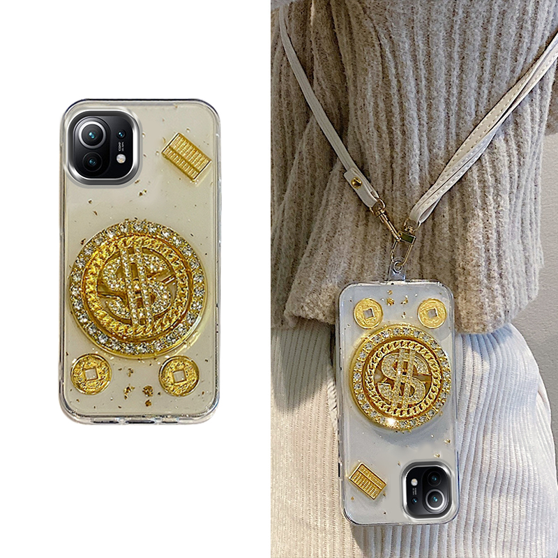 手机壳滴胶新年立体元宝旋转美金带斜跨挂绳