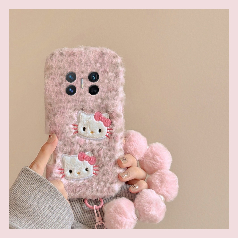手机壳秋冬毛绒豹纹刺绣KT猫带挂件手链