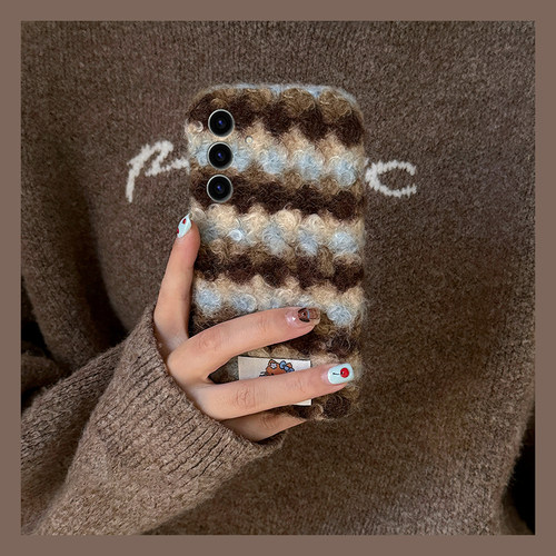 手机壳秋冬毛绒绒布蓝棕纹条纹卡通KT猫贴纸