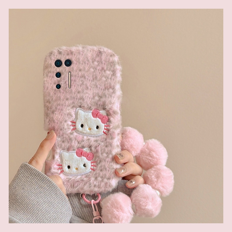手机壳秋冬毛绒豹纹刺绣KT猫带挂件手链