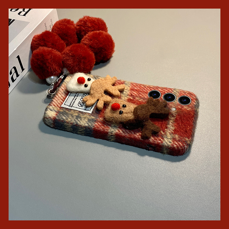手机壳秋冬绒布红色格子卡通圣诞麋鹿带手链