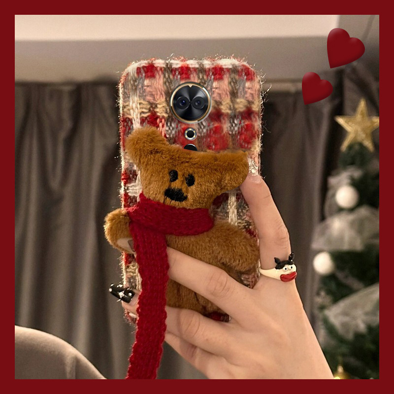 手机壳秋冬绒布红色格子格纹卡通围巾小熊