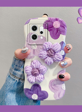ins风紫色油画花朵适用opporeno14手机壳13秋冬12pro+毛绒11针织10带9爱心8手环7se硅胶6软壳5k新款4十oppo女