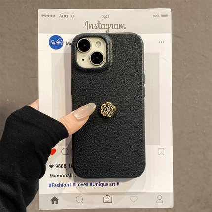 ins风山茶花适用小米红米note15pro+手机壳noto14简约13立体12turbo花朵11t带10por挂绳荔枝纹5g十redmi仿皮p