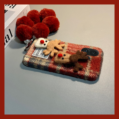 毛绒格子麋鹿适用vivos30promini手机壳s20红色s19圣诞s15带s18e挂链s17s12s10秋冬s16pro绒布vivo卡通vovo女