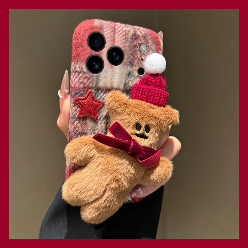 手机壳秋冬绒布立体卡通毛茸茸圣诞帽子小熊