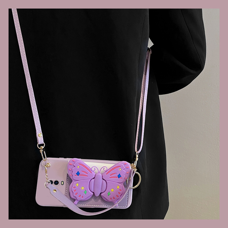 手机壳ins风立体蝴蝶支架卡包手提斜跨挂绳