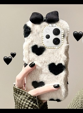 黑色爱心蝴蝶结适用vivos50手机壳s50promini秋冬毛绒款vivo适合冬天vivis毛茸茸vovis冬季vovo保暖暖手毛毛p