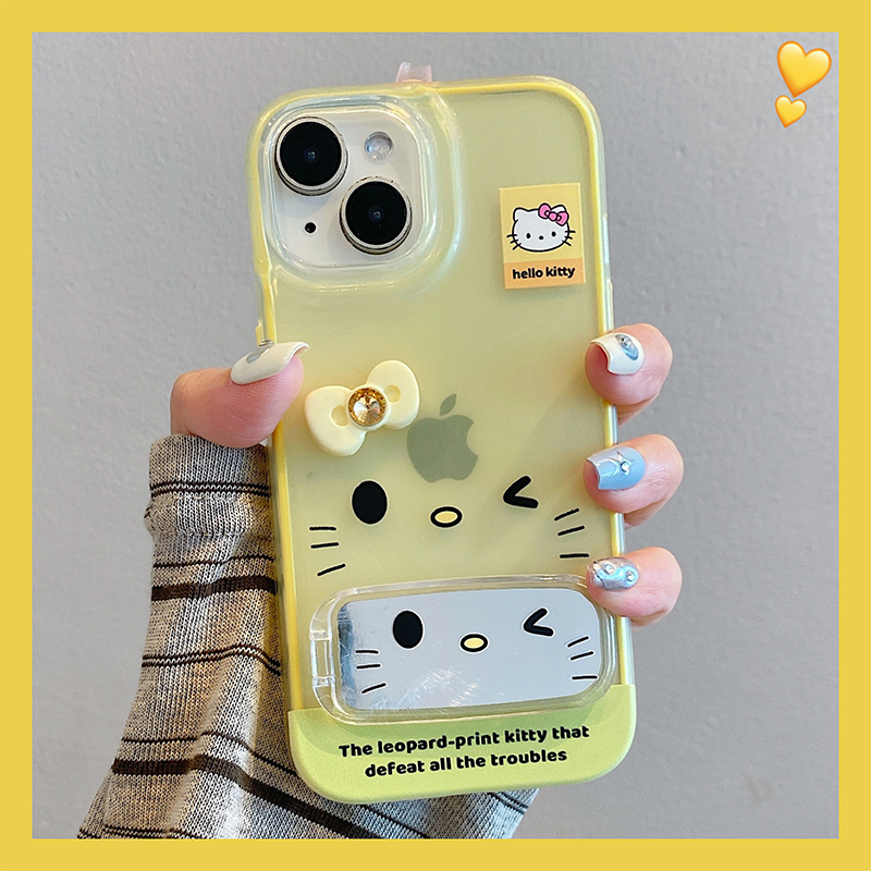 手机壳卡通黄色KT猫立体蝴蝶结带镜子支架