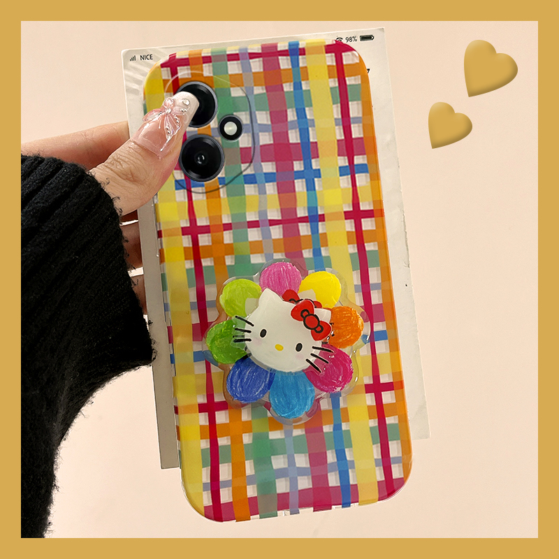 手机壳硅胶彩色格子立体卡通旋转KT猫支架