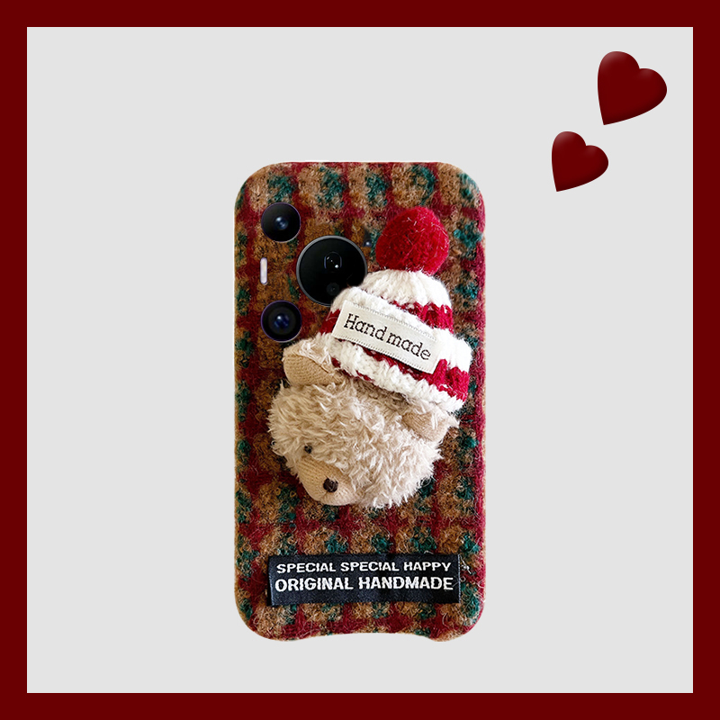 手机壳秋冬绒布红色条纹立体卡通毛绒小熊