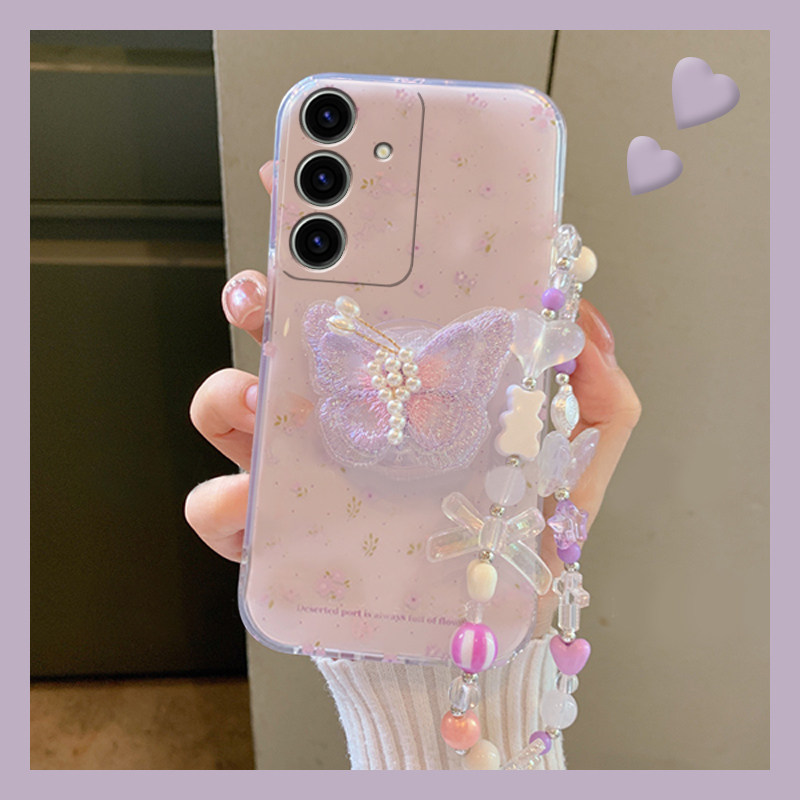 手机壳满屏碎花韩系立体珍珠蝴蝶支架带手绳