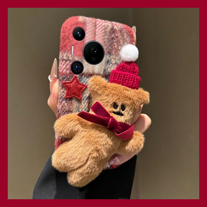 手机壳秋冬绒布立体卡通毛茸茸圣诞帽子小熊