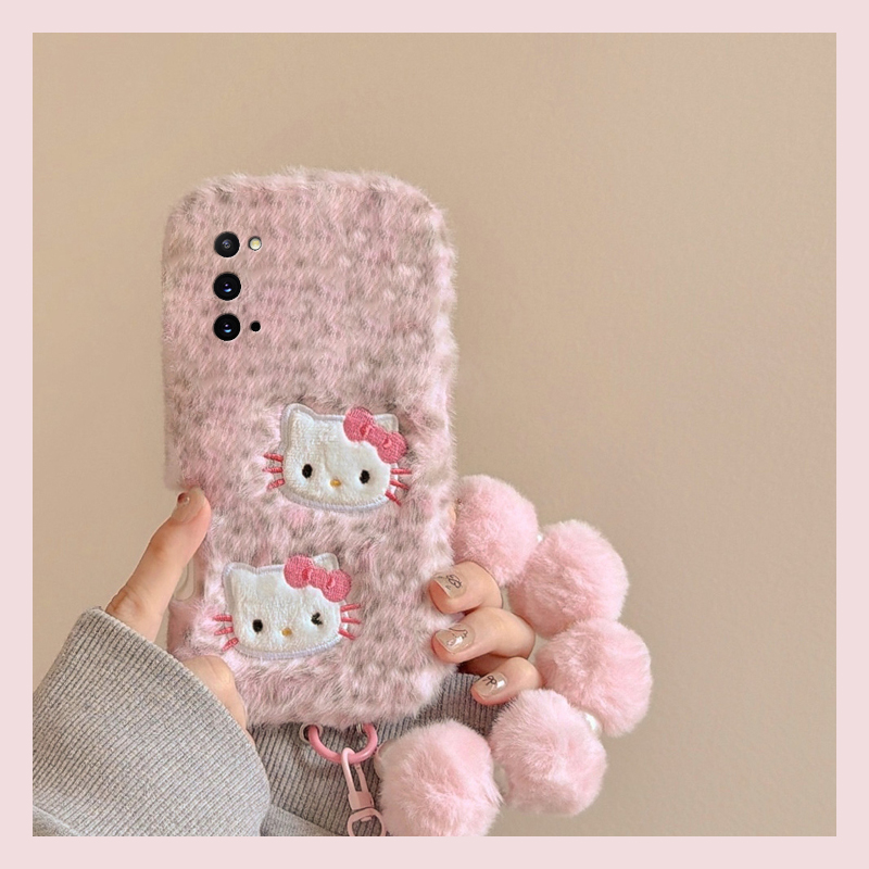 手机壳秋冬毛绒豹纹刺绣KT猫带挂件手链