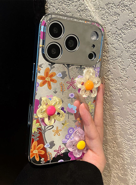 ins风彩色花朵适用opporeno15手机壳reno14电镀reon13镜面12带11挂链10pro+夏天9/8镜子7se补妆镜十oppo硅胶p