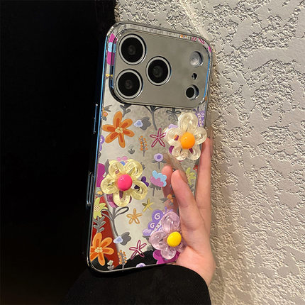 ins风彩色花朵适用opporeno15手机壳reno14电镀reon13镜面12带11挂链10pro+夏天9/8镜子7se补妆镜十oppo硅胶p