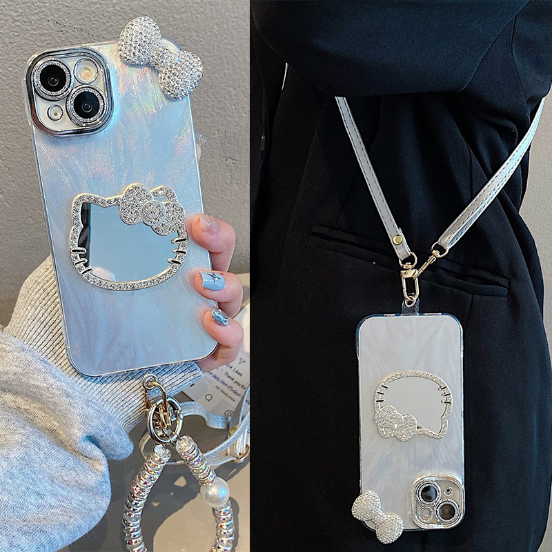 手机壳立体水钻蝴蝶结KT猫镜子带斜跨挂绳