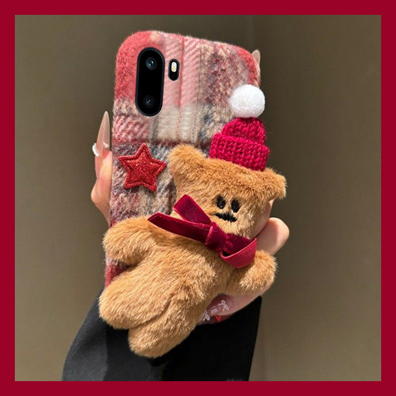 手机壳秋冬绒布立体卡通毛茸茸圣诞帽子小熊